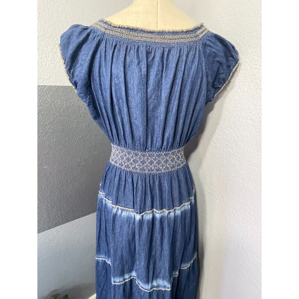 Indigo & Lace Blue Denim Look Tiered Smocked Peasant Maxi Dress XL - Picture 4 of 10